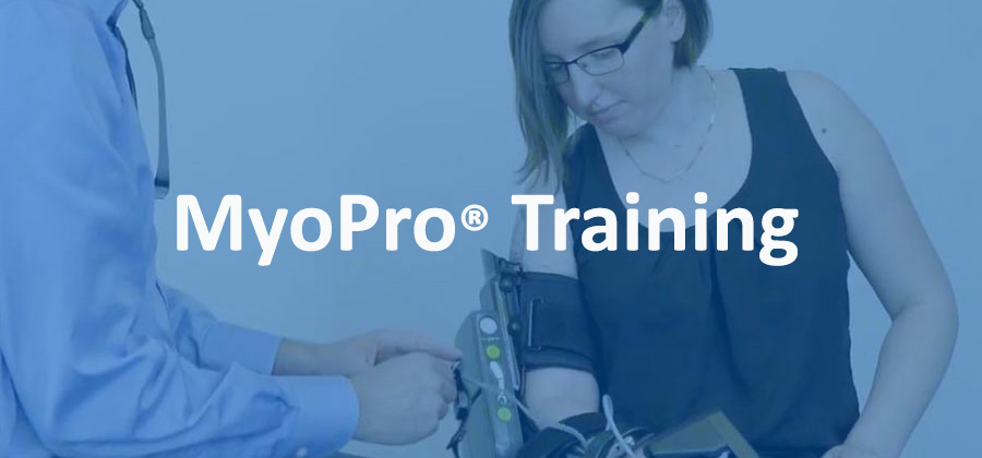 Image with MyoPro user and clinician. Text reads "MyoPro Training."